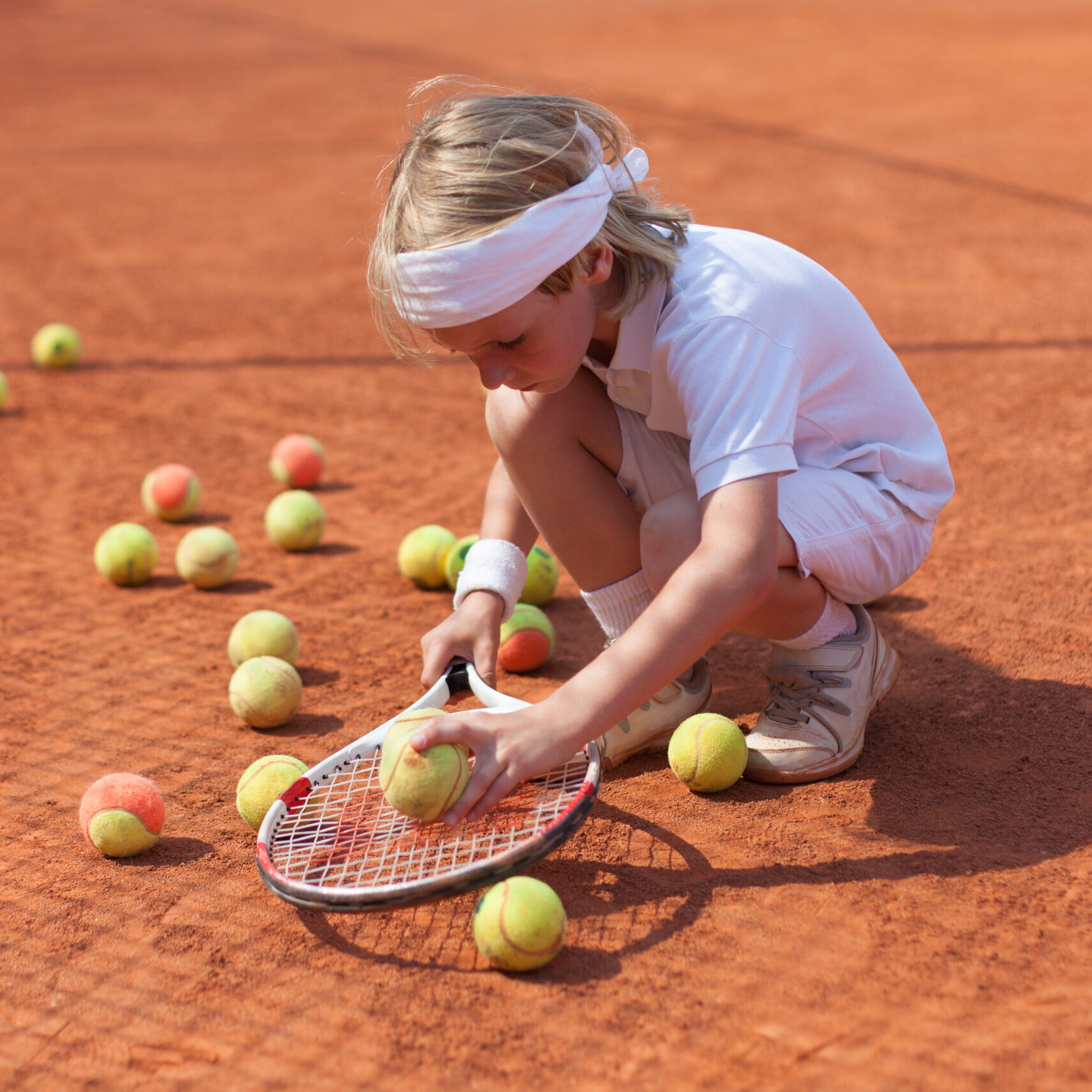 young tennis player collecting balls